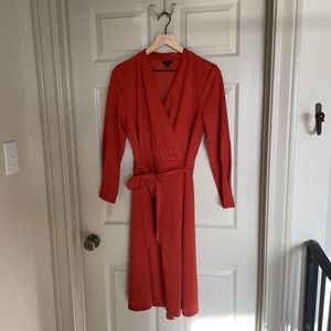 Ann Taylor Womens Wrap Dress Solid Orange Midi Stretch Long Sleeve Knit L New